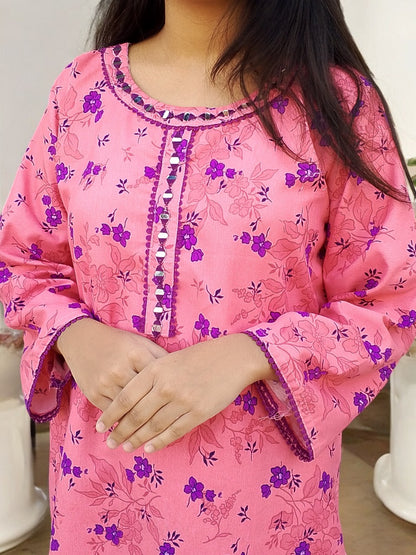 Winter Mirror Work Printed Crystal Wool Dress - Stitched 013