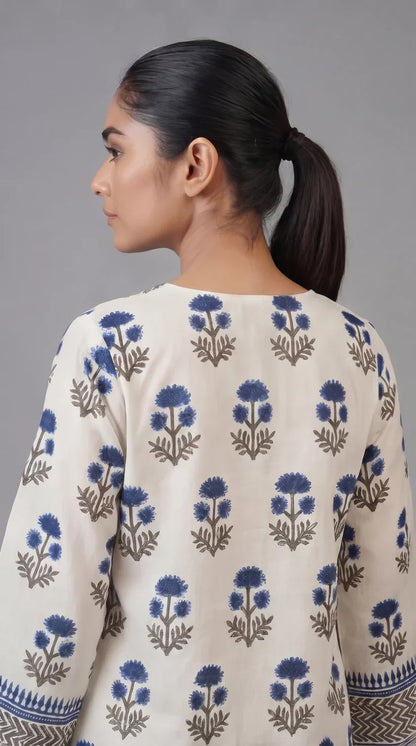 2 Pcs Women's Stitched Cotton Lawn Block Printed Shirt And Farshi Shalwar