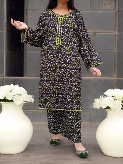Winter Mirror Work Printed Crystal Wool Dress - Stitched 016