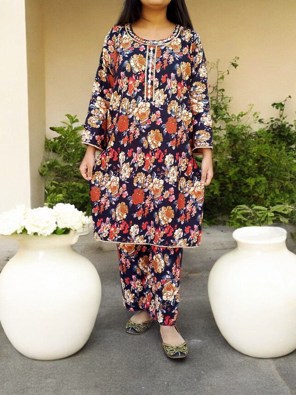Winter Mirror Work Printed Crystal Wool Dress - Stitched 001