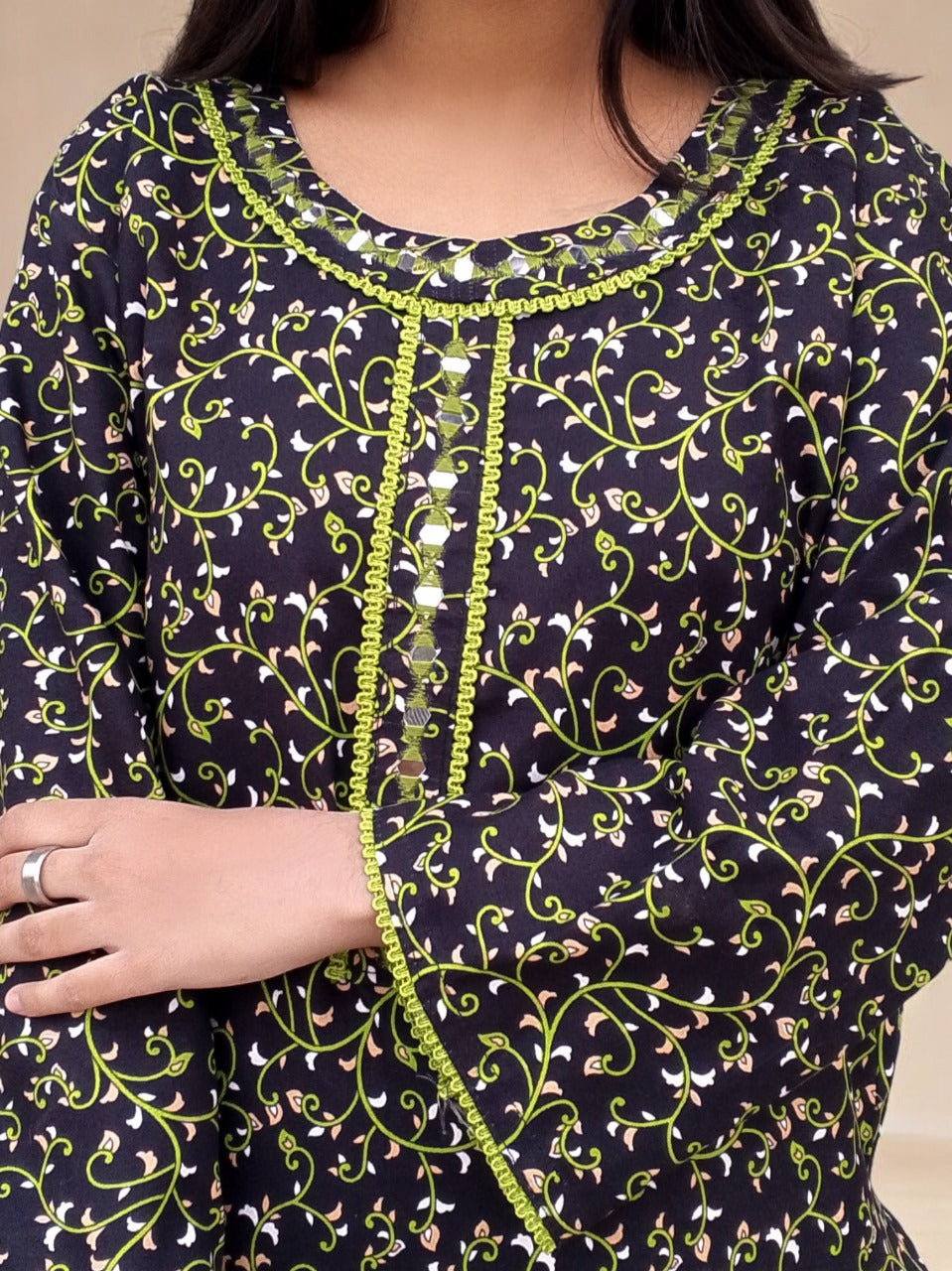 Winter Mirror Work Printed Crystal Wool Dress - Stitched 016