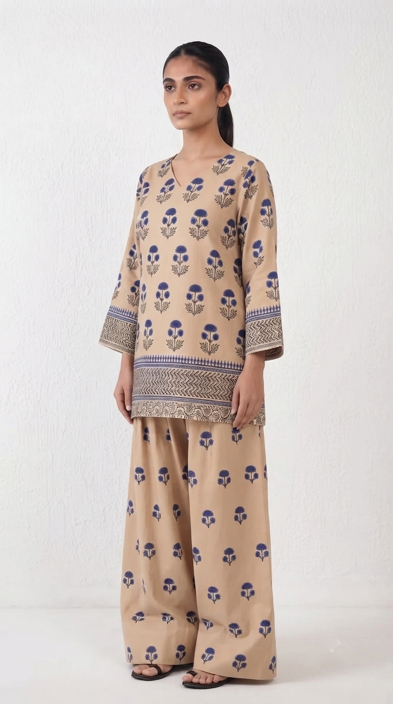 2 Pcs Women's Stitched Cotton Lawn Block Printed Shirt And Farshi Shalwar (Beige)