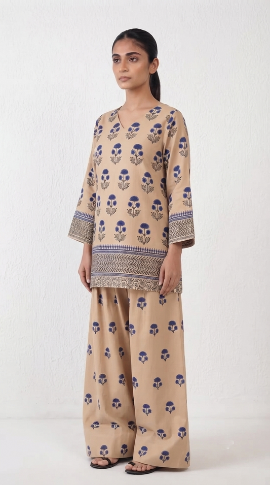 2 Pcs Women's Stitched Cotton Lawn Block Printed Shirt And Farshi Shalwar (Beige)