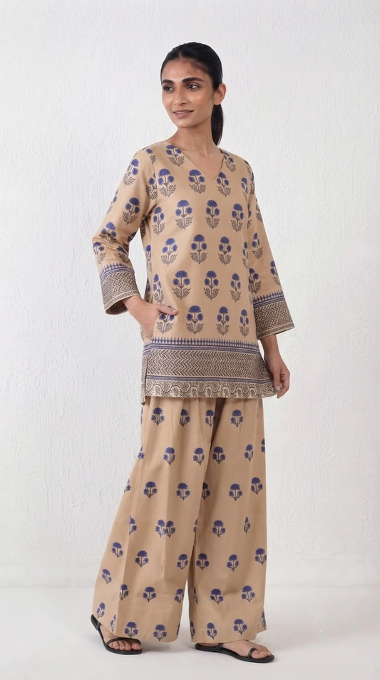 2 Pcs Women's Stitched Cotton Lawn Block Printed Shirt And Farshi Shalwar (Beige)