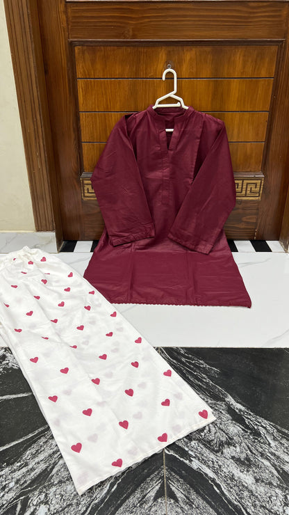 2PC Lawn Cotton Steam Printed Viral Heart Printed (Meroon)