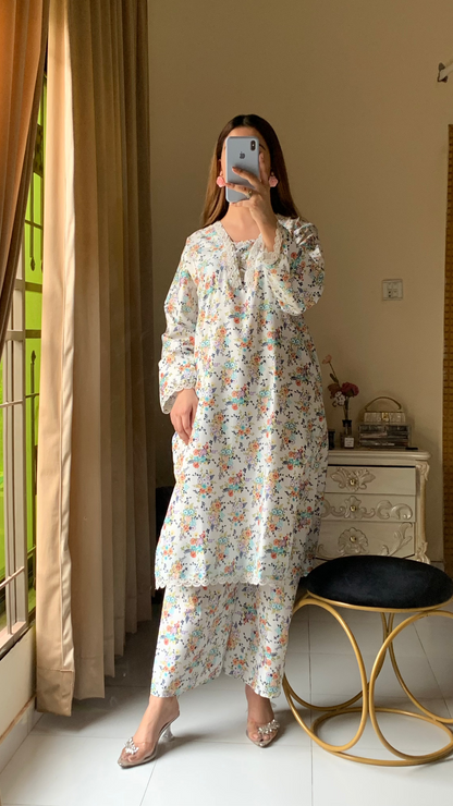 Cotton 2-Piece Stitched Set with Elegant Lace Detailing – Long Length Outfit (09)