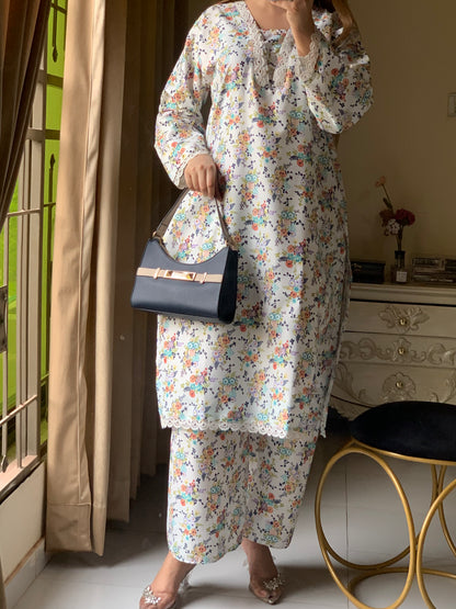 Cotton 2-Piece Stitched Set with Elegant Lace Detailing – Long Length Outfit (09)