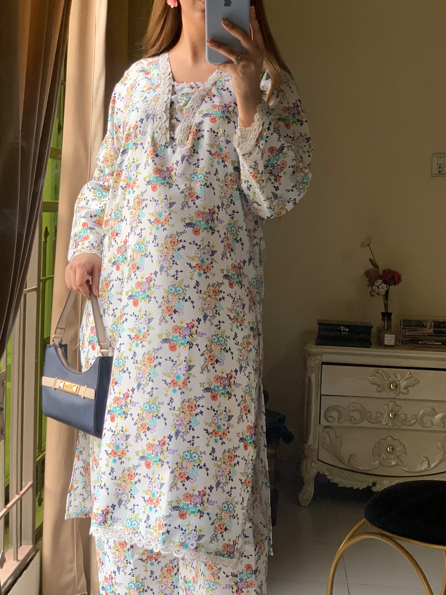 Cotton 2-Piece Stitched Set with Elegant Lace Detailing – Long Length Outfit (09)