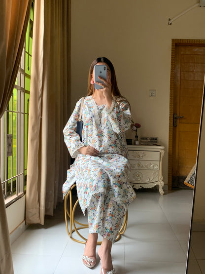 Cotton 2-Piece Stitched Set with Elegant Lace Detailing – Long Length Outfit (09)