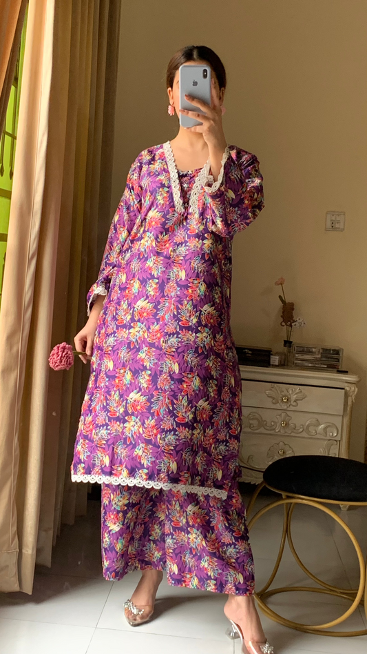 Cotton 2-Piece Stitched Set with Elegant Lace Detailing – Long Length Outfit (12)