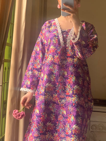 Cotton 2-Piece Stitched Set with Elegant Lace Detailing – Long Length Outfit (12)