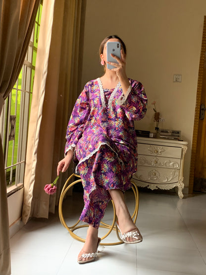 Cotton 2-Piece Stitched Set with Elegant Lace Detailing – Long Length Outfit (12)