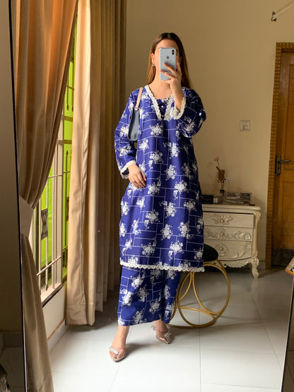 Cotton 2-Piece Stitched Set with Elegant Lace Detailing – Long Length Outfit (06)