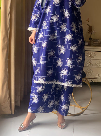 Cotton 2-Piece Stitched Set with Elegant Lace Detailing – Long Length Outfit (06)