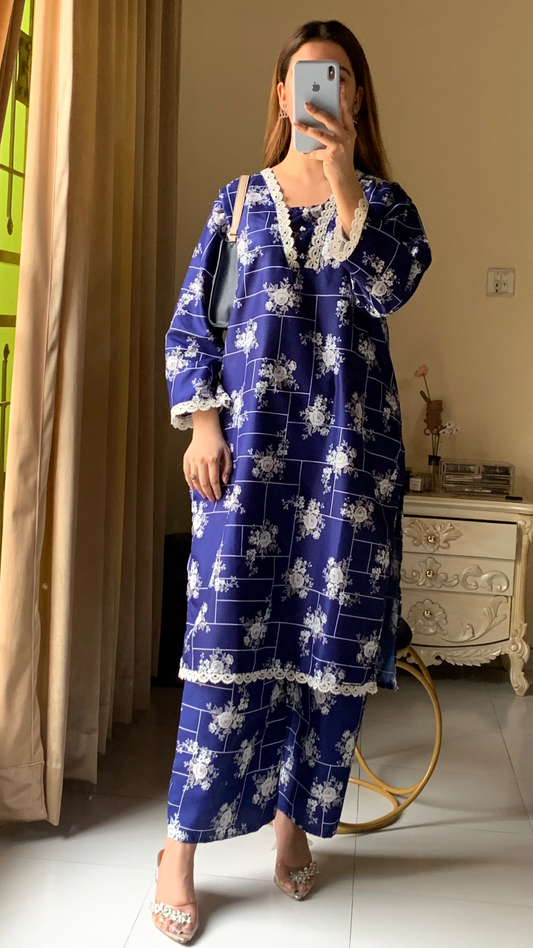 Cotton 2-Piece Stitched Set with Elegant Lace Detailing – Long Length Outfit (06)