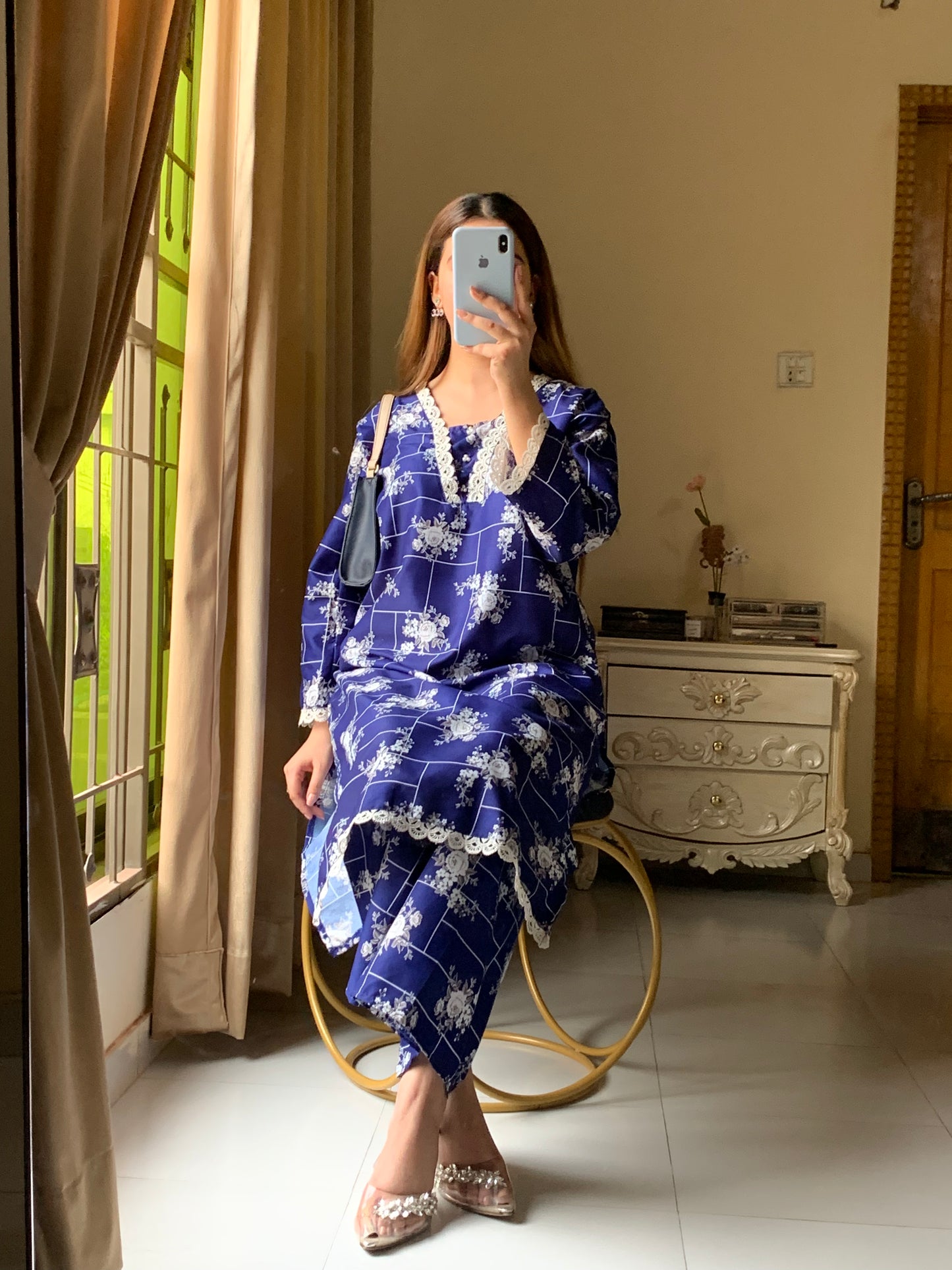 Cotton 2-Piece Stitched Set with Elegant Lace Detailing – Long Length Outfit (06)