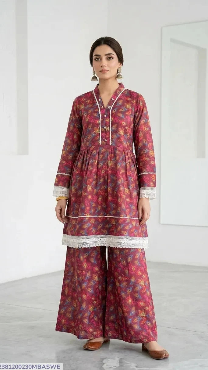 2Pcs Women's Stitched Lawn Digital Print Frock And Trouser with Milky Lace 4