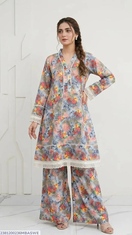 2Pcs Women's Stitched Lawn Digital Print Frock And Trouser with Milky Lace 2