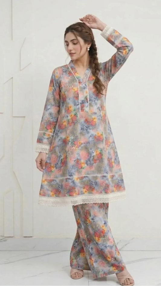 2Pcs Women's Stitched Lawn Digital Print Frock And Trouser with Milky Lace 2