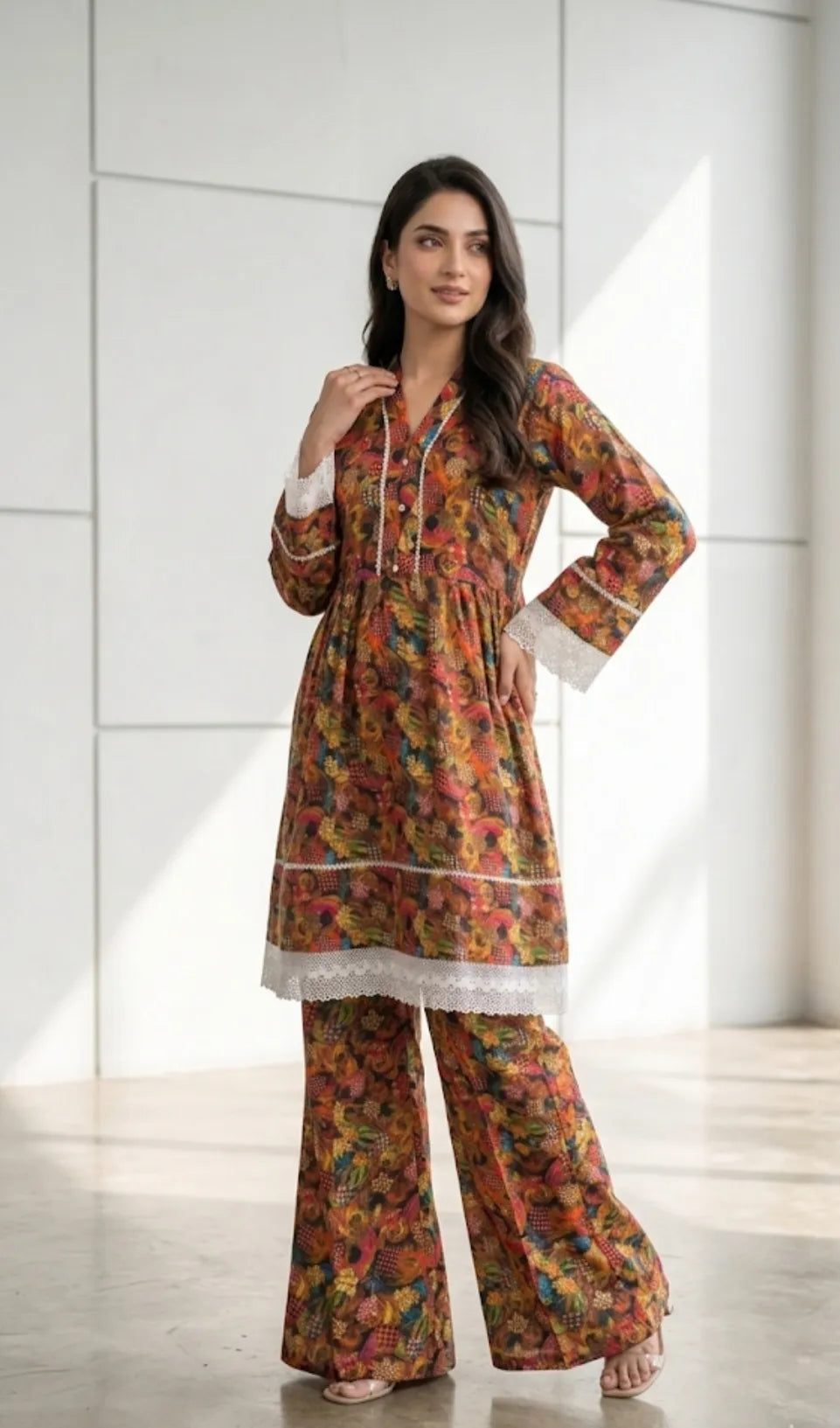 2Pcs Women's Stitched Lawn Digital Print Frock And Trouser with Milky Lace 1