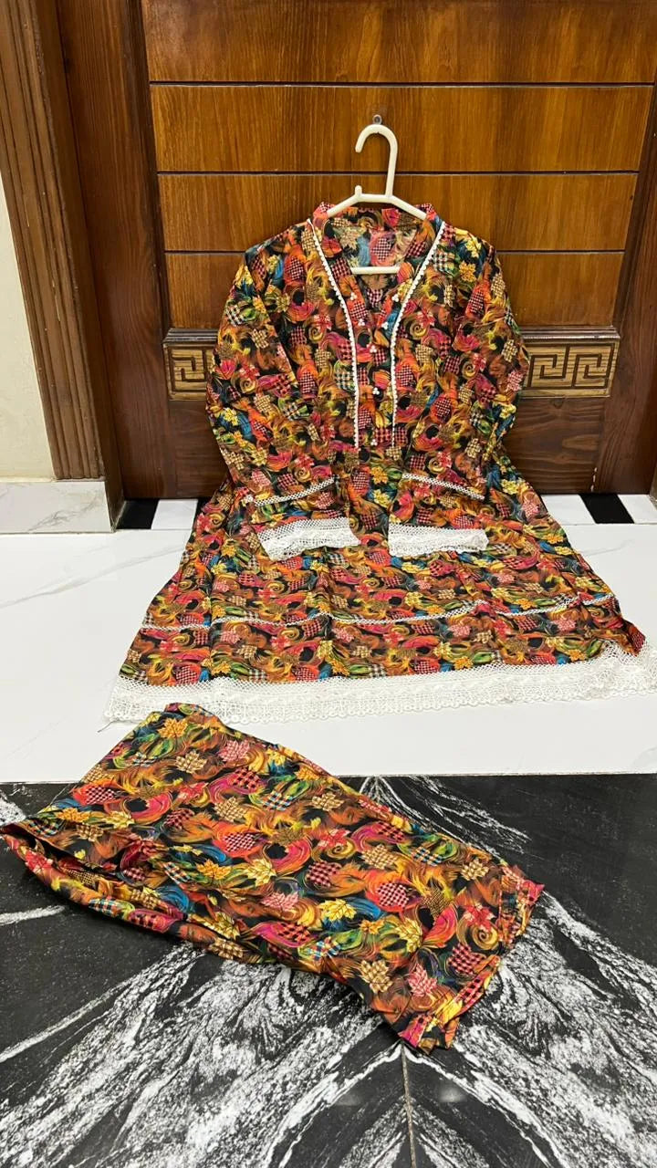2Pcs Women's Stitched Lawn Digital Print Frock And Trouser with Milky Lace 1