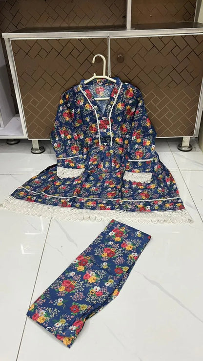 2Pcs Women's Stitched Lawn Digital Print Frock And Trouser with Milky Lace 5