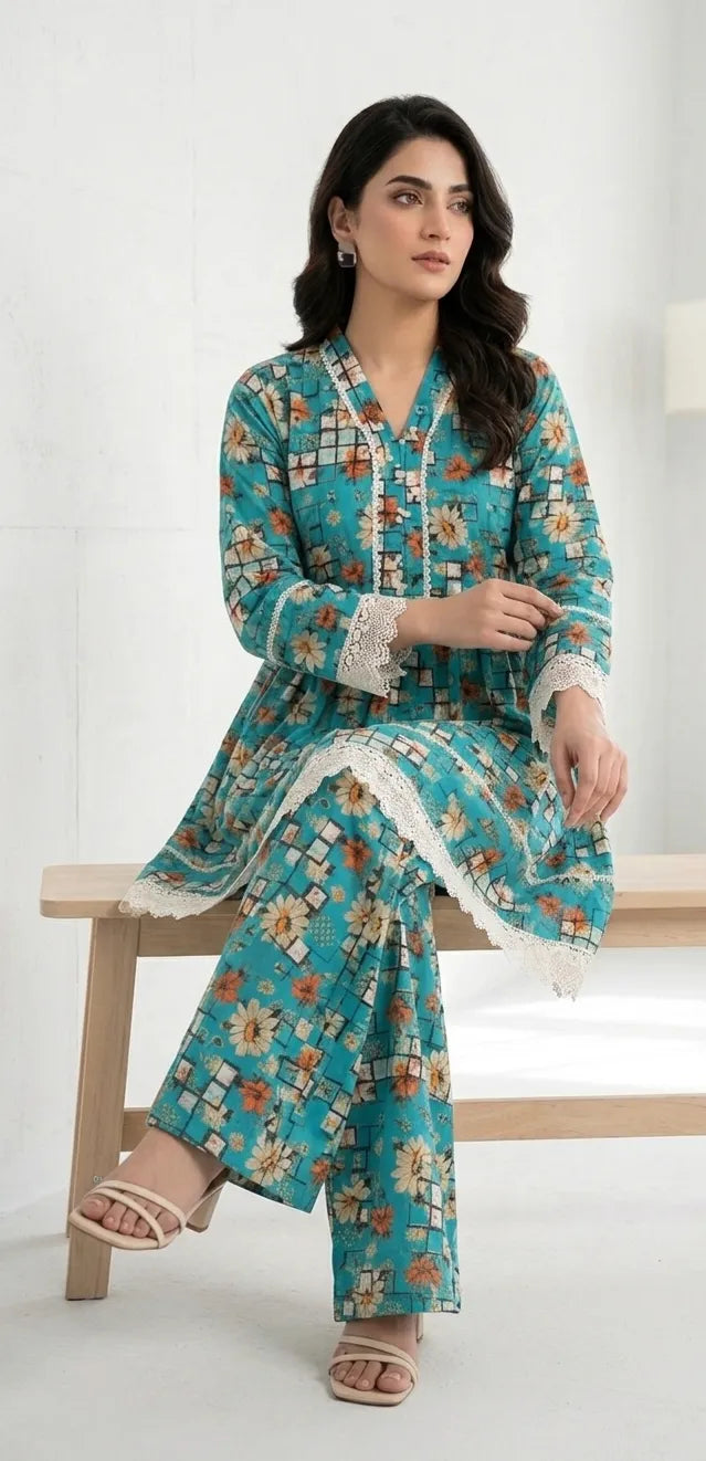 2Pcs Women's Stitched Lawn Digital Print Frock And Trouser with Milky Lace 3