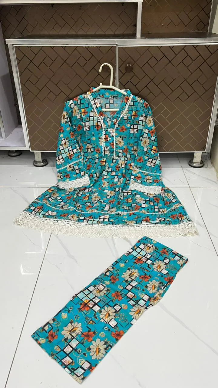 2Pcs Women's Stitched Lawn Digital Print Frock And Trouser with Milky Lace 3