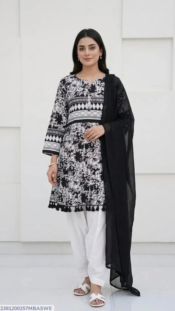 3Pcs Women's Stitched Lawn Digital Print Suit with Lace work short Frock and Shalwar 3