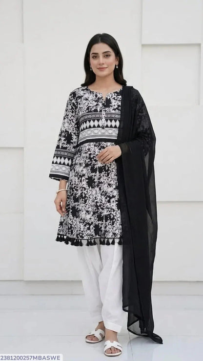 3Pcs Women's Stitched Lawn Digital Print Suit with Lace work short Frock and Shalwar 3