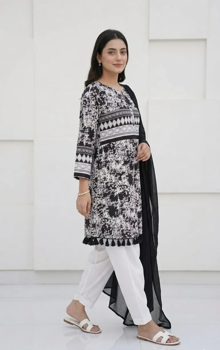 3Pcs Women's Stitched Lawn Digital Print Suit with Lace work short Frock and Shalwar 3