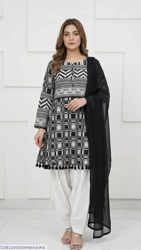 3Pcs Women's Stitched Lawn Digital Print Suit with Lace work short Frock and Shalwar