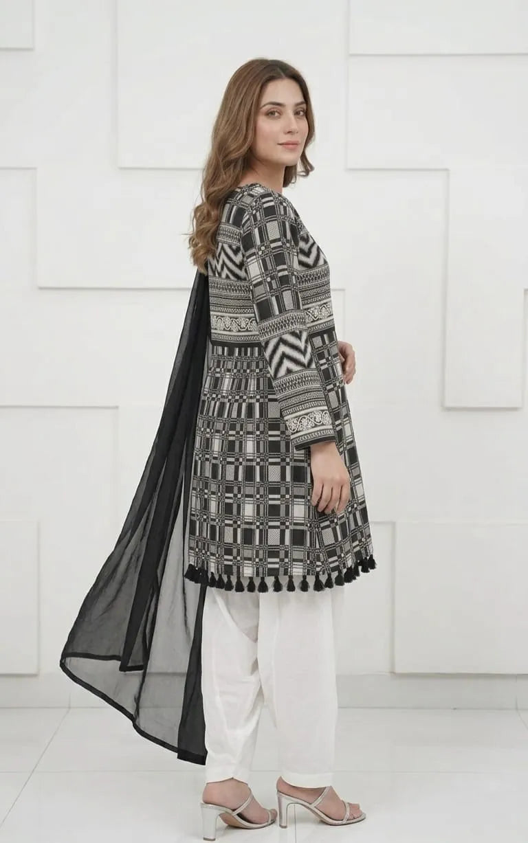 3Pcs Women's Stitched Lawn Digital Print Suit with Lace work short Frock and Shalwar 4 (Copy)