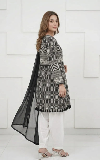 3Pcs Women's Stitched Lawn Digital Print Suit with Lace work short Frock and Shalwar 4 (Copy)