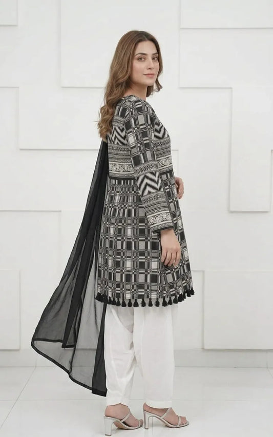 3Pcs Women's Stitched Lawn Digital Print Suit with Lace work short Frock and Shalwar 4 (Copy)