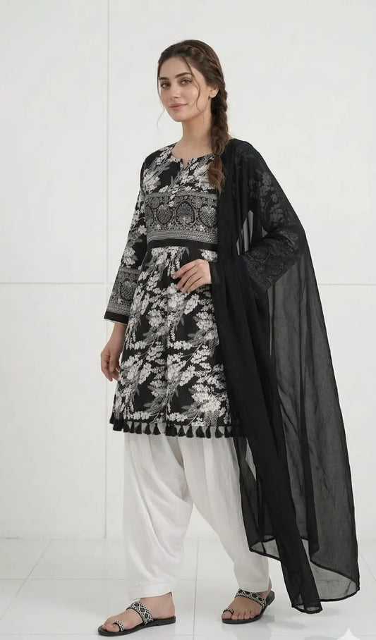 3Pcs Women's Stitched Lawn Digital Print Suit with Lace work short Frock and Shalwar 1 (Copy