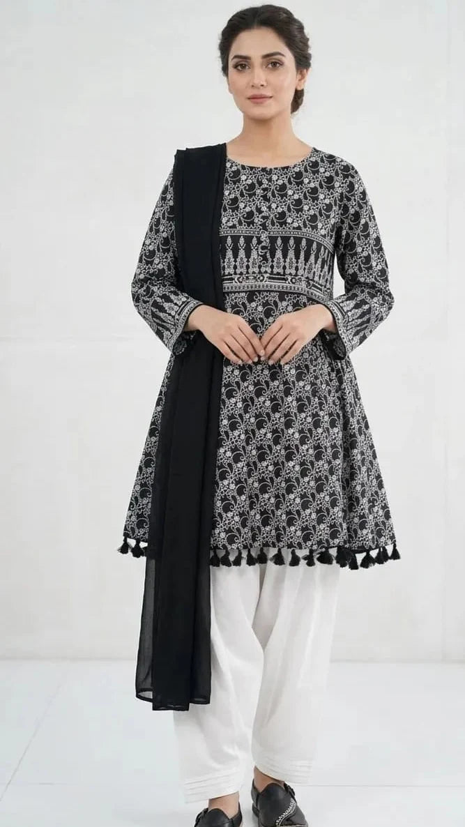3Pcs Women's Stitched Lawn Digital Print Suit with Lace work short Frock and Shalwar 4