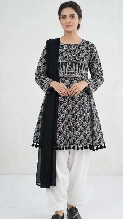 3Pcs Women's Stitched Lawn Digital Print Suit with Lace work short Frock and Shalwar 4