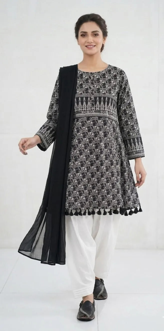3Pcs Women's Stitched Lawn Digital Print Suit with Lace work short Frock and Shalwar 4