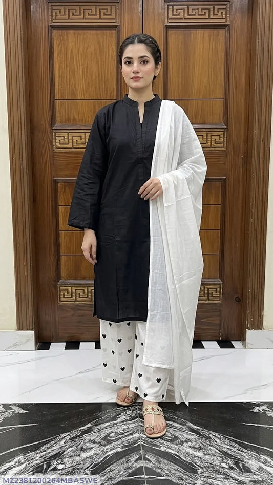 3Pcs Women's Stitched Cotton Lawn Block Printed Suit Viral Heart Printed with Lace (Black)