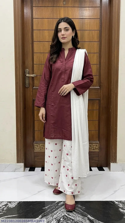 3Pcs Women's Stitched Cotton Lawn Block Printed Suit Viral Heart Printed with Lace (Meroon)