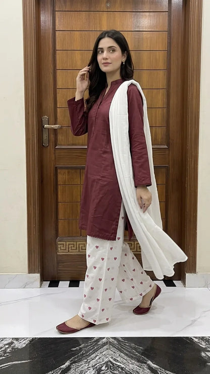 3Pcs Women's Stitched Cotton Lawn Block Printed Suit Viral Heart Printed with Lace (Meroon)