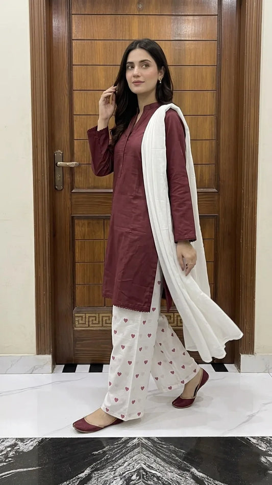 3Pcs Women's Stitched Cotton Lawn Block Printed Suit Viral Heart Printed with Lace (Meroon)