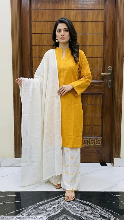 3Pcs Women's Stitched Cotton Lawn Block Printed Suit Viral Heart Printed with Lace (Yellow)