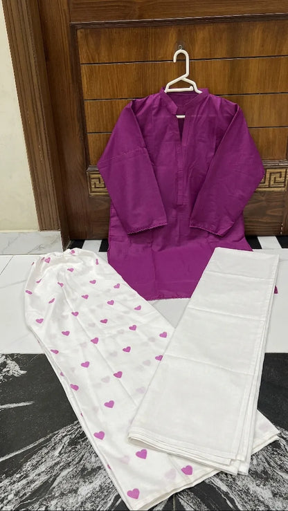 3PC Lawn Cotton Steam Printed Viral Heart Printed (Magenta)
