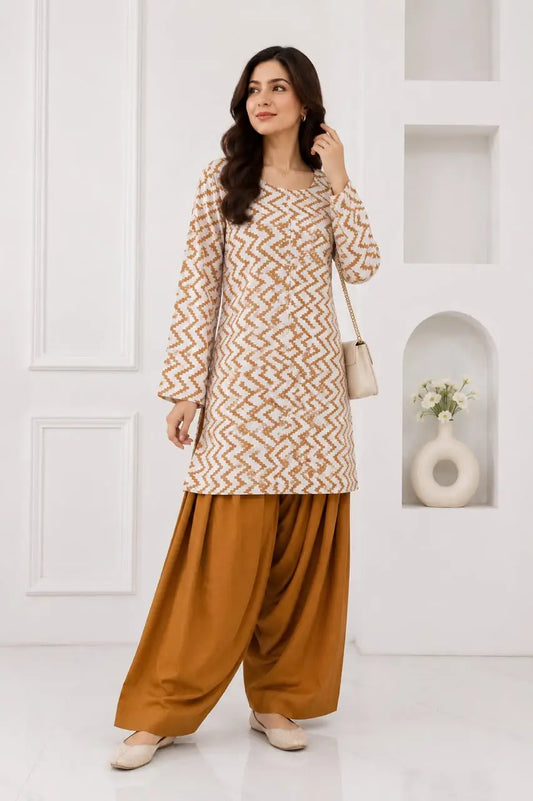 2 Pcs Women's Stitched Cotton Lawn Block Printed Shirt And Farshi Shalwar