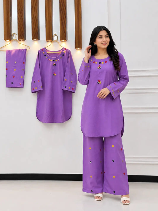 2Pcs Women's Stitched Cotton Lawn Hand Work Shirt And Trouser with Mirror work