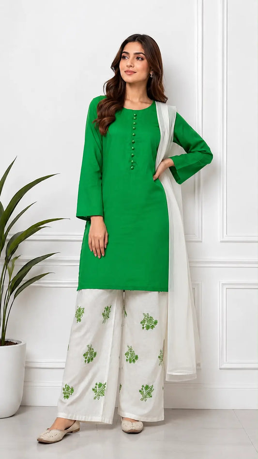 3 Pcs Women's Stitched Cotton Embroidered Suit