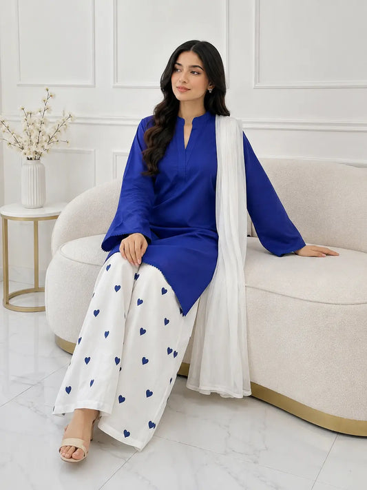 3 Pcs Women's Stitched Cotton Printed Suit viral Heart Printed