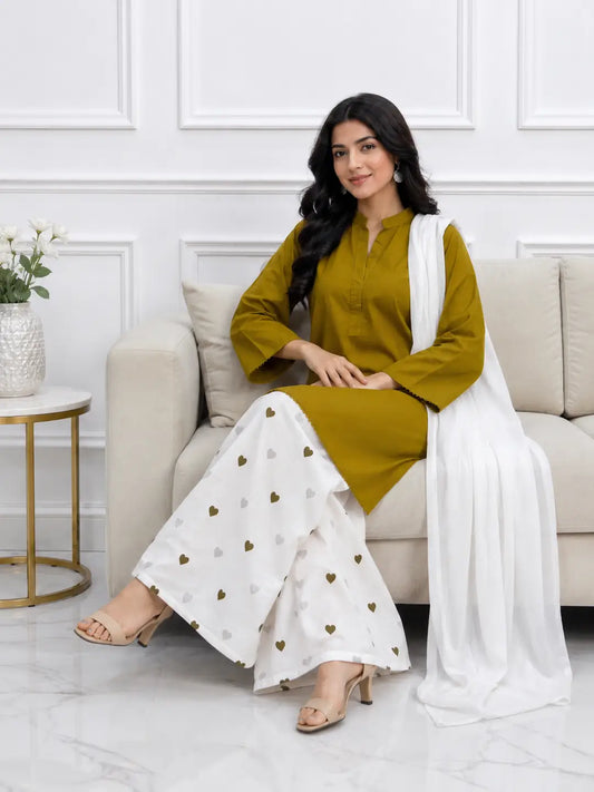 3 Pcs Women's Stitched Cotton Printed Suit viral Heart Printed